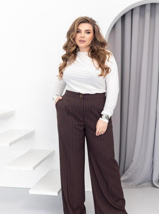 Брюки женские из тиара палаццо широкие с высокой посадкой на резинке сзади в полоску деловые весенние