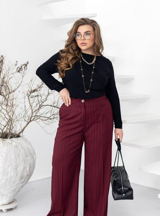 Брюки женские из тиара палаццо широкие с высокой посадкой на резинке сзади в полоску деловые весенние