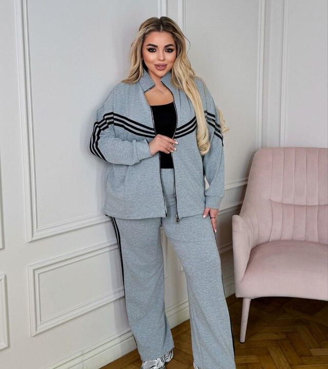 Спортивный костюм-двойка женский из двунитки оверсайз с кофтой на молнии и брюками с высокой посадкой демисезонный