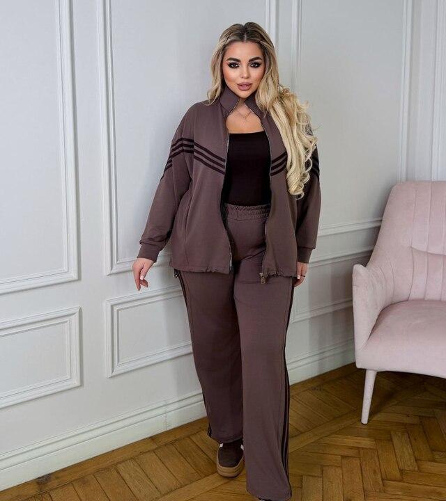 Спортивный костюм-двойка женский из двунитки оверсайз с кофтой на молнии и брюками с высокой посадкой демисезонный