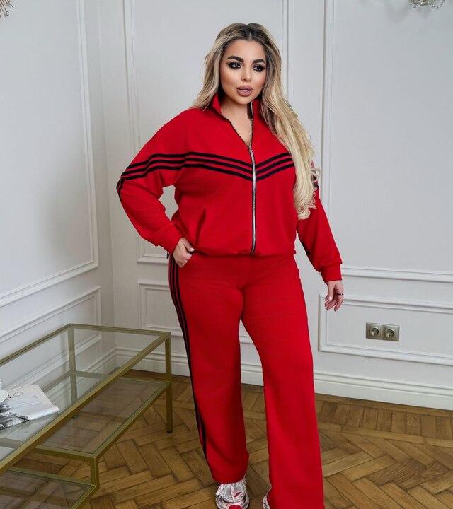 Спортивный костюм-двойка женский из двунитки оверсайз с кофтой на молнии и брюками с высокой посадкой демисезонный