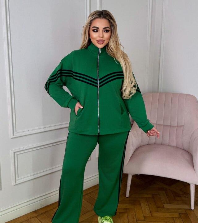 Спортивный костюм-двойка женский из двунитки оверсайз с кофтой на молнии и брюками с высокой посадкой демисезонный