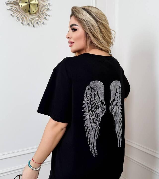 Футболка женская из кулира хлопковая оверсайз удлинённая с рисунком из страз большие размеры весенняя