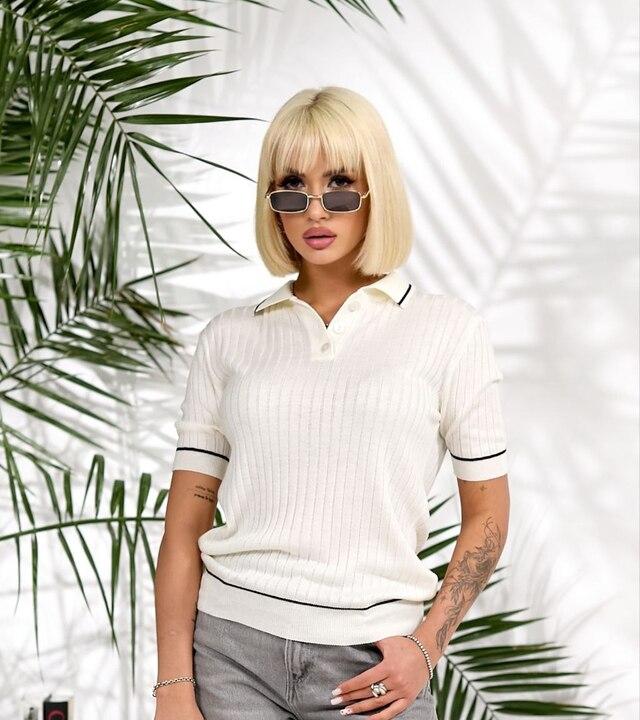 Футболка-поло женская вязаная из акрила прямого кроя базовая весенняя