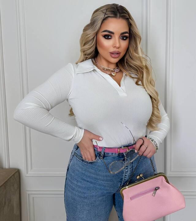 Лонгслив женский из рубчика с воротником поло весенний