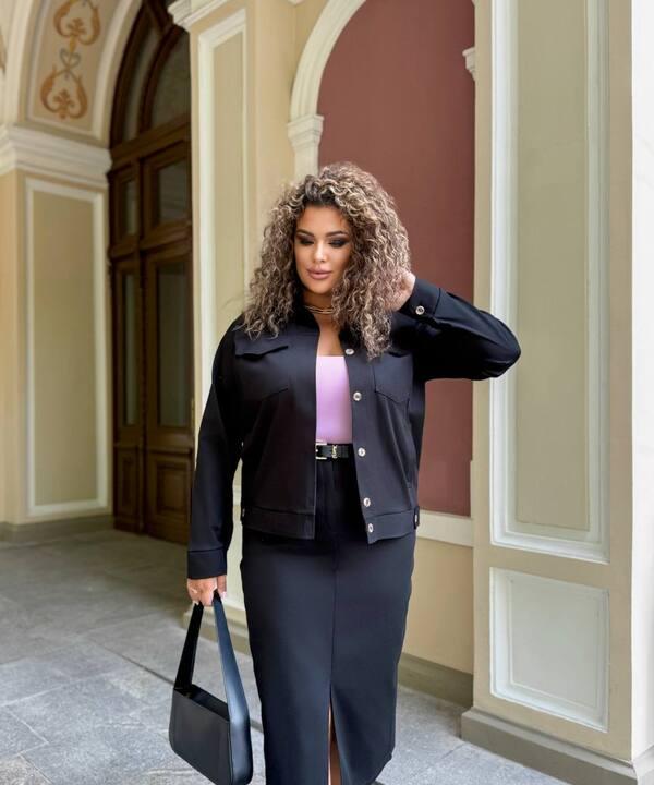 Костюм женский из джинс коттона двойка бомбер и юбка карандаш с высокой талией деловой повседневный большие размеры