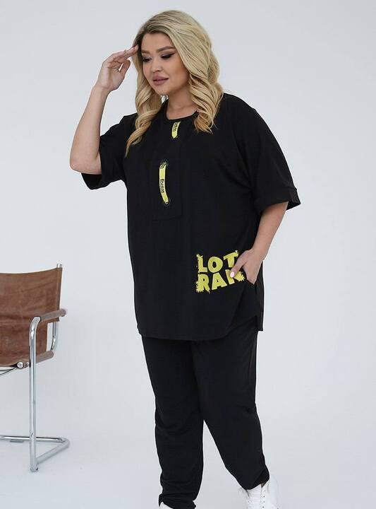 Спортивный костюм женский из двунитки двойка с удлиненной футболкой и брюками оверсайз повседневный демисезонный большие размеры