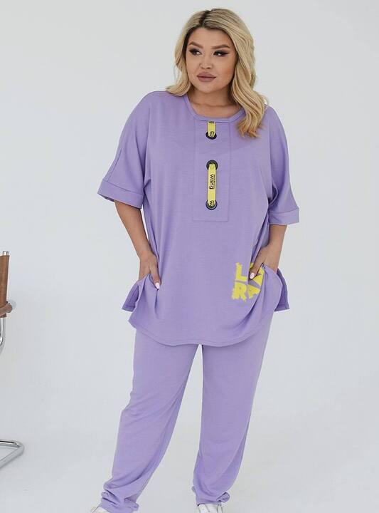 Спортивный костюм женский из двунитки двойка с удлиненной футболкой и брюками оверсайз повседневный демисезонный большие размеры