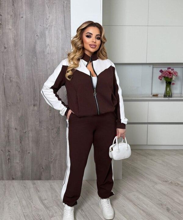 Спортивный костюм женский из турецкой двунитки двойка с кофтой на молнии и джоггерами с лампасами повседневный демисезонный большие размеры