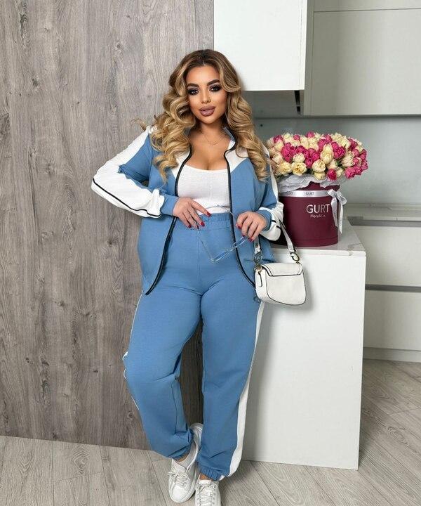 Спортивный костюм женский из турецкой двунитки двойка с кофтой на молнии и джоггерами повседневный демисезонный большие размеры