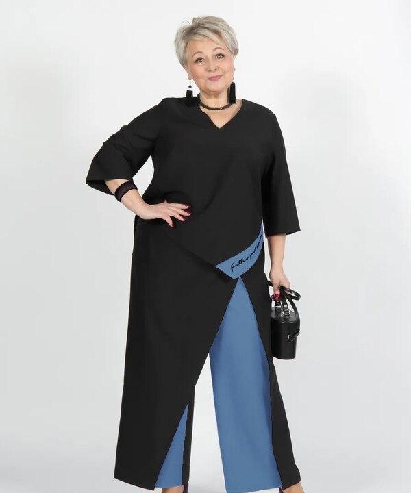 Костюм женский из креп дайвинга двойка блуза с имитацией запаха и асимметричным низом с брюками повседневный большие размеры