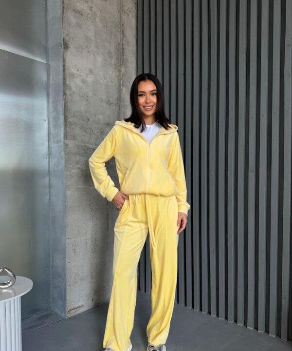 Спортивный костюм-двойка женский из велюра с кофтой на молнии и прямыми брюками демисезонный