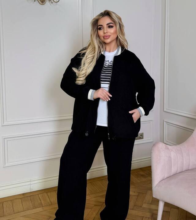 Костюм-тройка женский из микро вельвета и двунитки с бомбером футболкой и широкими брюками оверсайз повседневный весенний