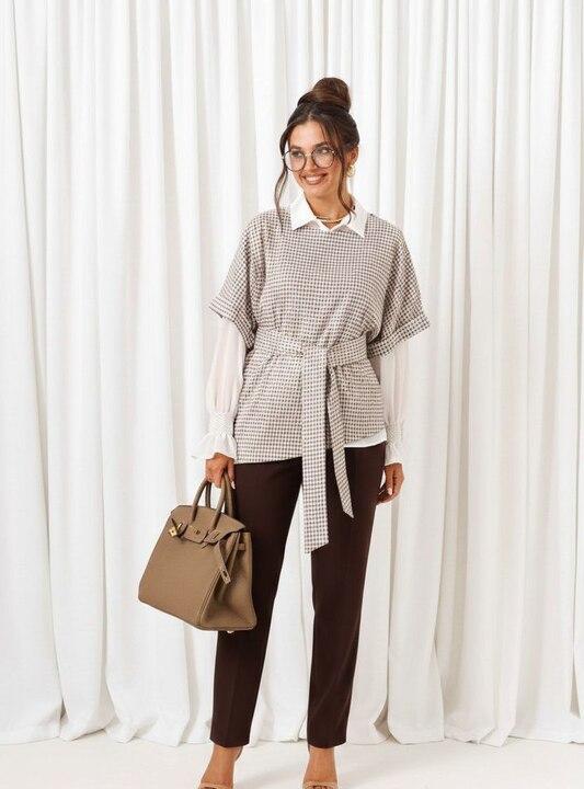 Костюм-тройка женский из кашемира шифона и ткани тиар с жилетом рубашкой и брюками в клетку