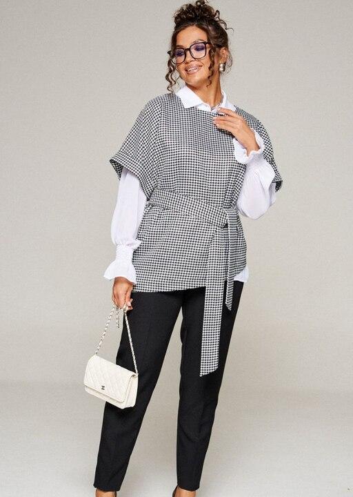 Костюм-тройка женский из кашемира шифона и ткани тиар с жилетом рубашкой и брюками в клетку весенний