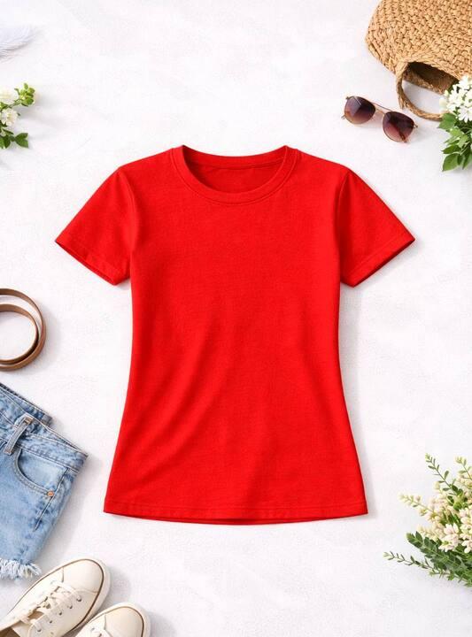 Футболка женская хлопковая базовая приталенная с круглым вырезом средняя весенняя