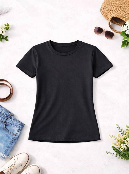 Футболка женская хлопковая базовая приталенная с круглым вырезом средняя весенняя