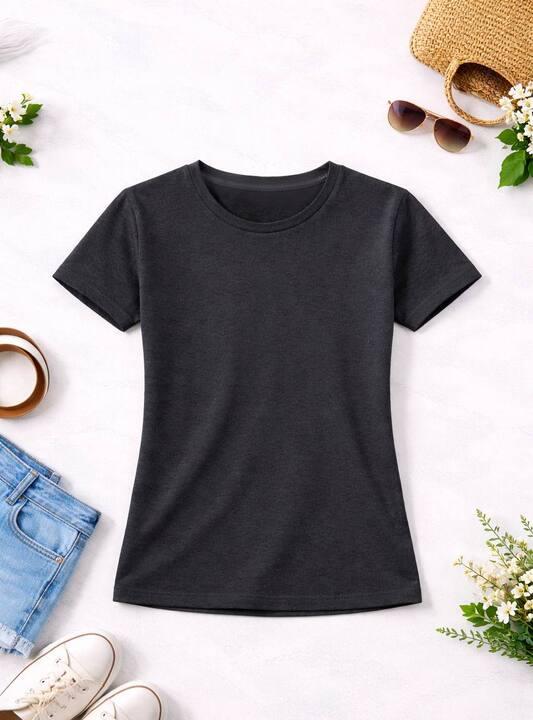 Футболка женская хлопковая базовая приталенная с круглым вырезом средняя весенняя