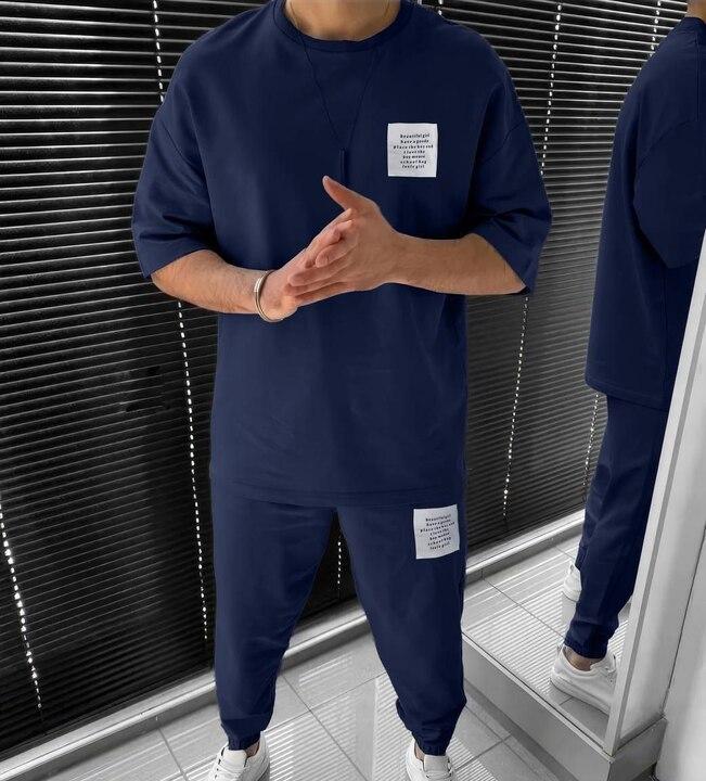 Спортивный костюм унисекс из двунитки с футболкой и брюками с карманами на резинке демисезонный