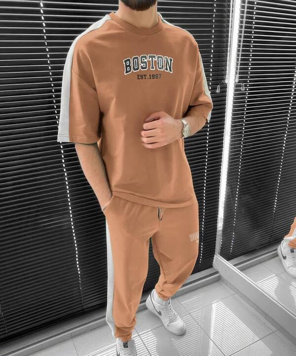 Спортивный костюм женский из двунитки с футболкой и брюками с лампасами и карманами демисезонный