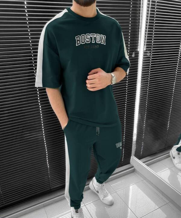 Спортивный костюм унисекс из двунитки с футболкой и брюками с лампасами и карманами демисезонный