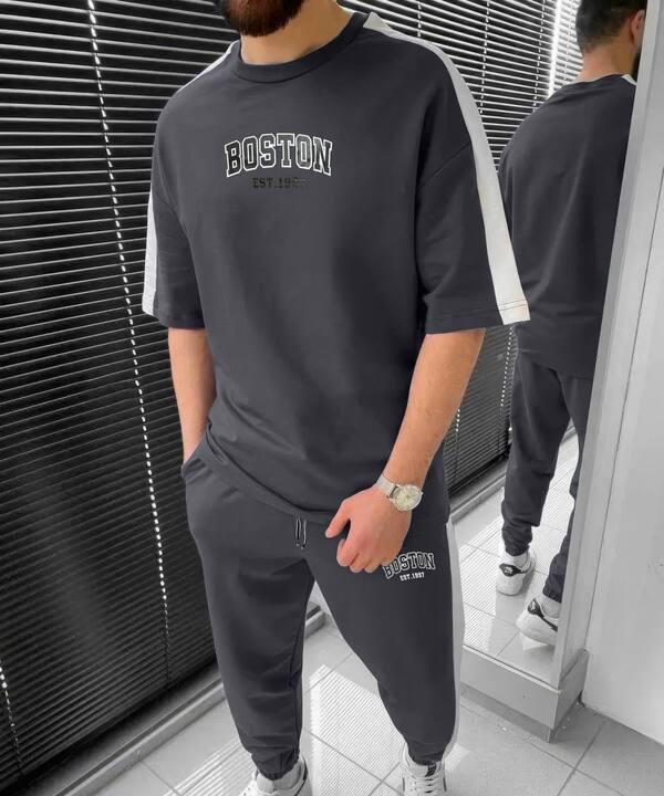 Спортивный костюм унисекс из двунитки с футболкой и брюками с лампасами и карманами демисезонный