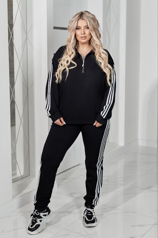 Спортивный костюм женский из двунитки с кофтой на молнии и зауженными брюками с лампасами демисезонный