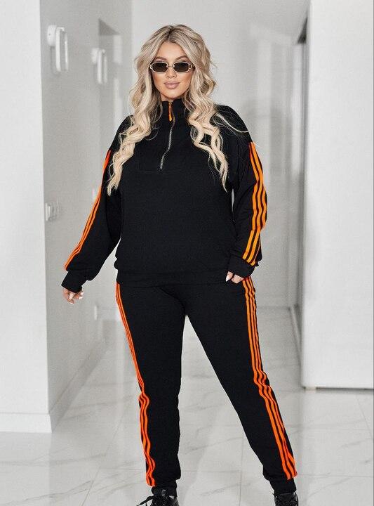 Спортивный костюм женский из двунитки с кофтой на молнии и зауженными брюками с лампасами демисезонный