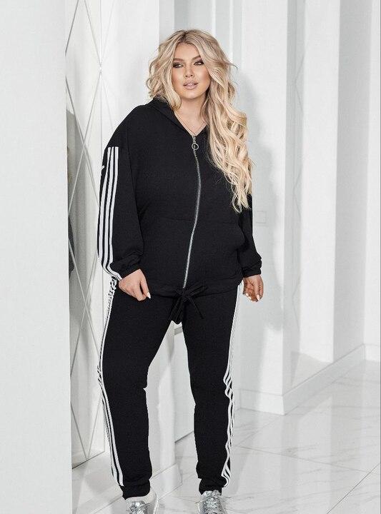 Спортивный костюм женский из двунитки с кофтой на молнии и брюками с манжетами и лампасами демисезонный