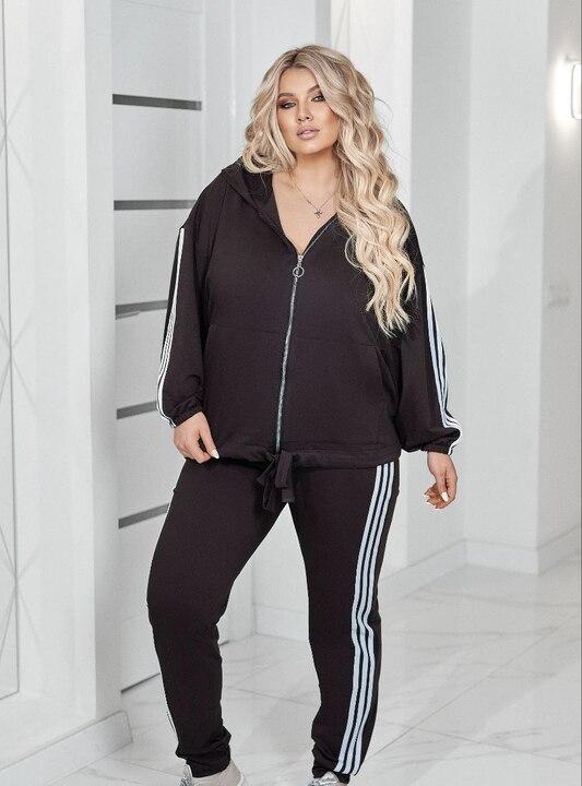 Спортивный костюм женский из двунитки с кофтой на молнии и брюками с манжетами и лампасами демисезонный