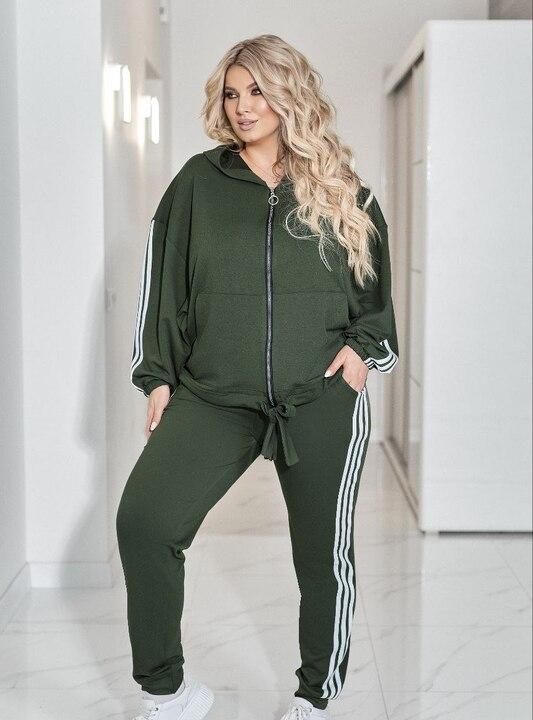 Спортивный костюм женский из двунитки с кофтой на молнии и брюками с манжетами и лампасами демисезонный