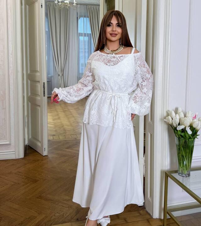 Платье-двойка женское из шелка дабл и кружева свободного кроя с объемными рукавами весеннее