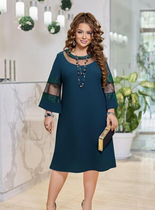 Платье-трапеция женское из креп дайвинга с сеткой и пайетками миди вечернее весеннее