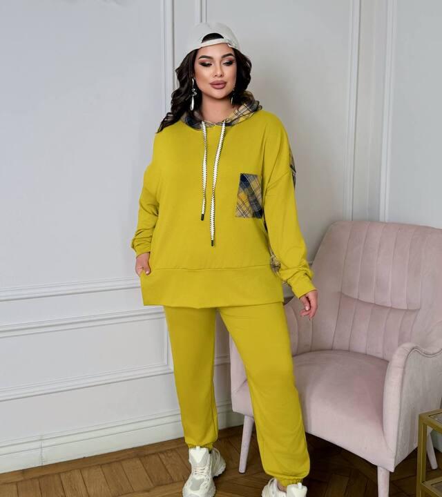 Спортивный костюм женский из двунитки с худи свободного кроя и джогерами с высокой посадкой с клетчатыми вставками демисезонный
