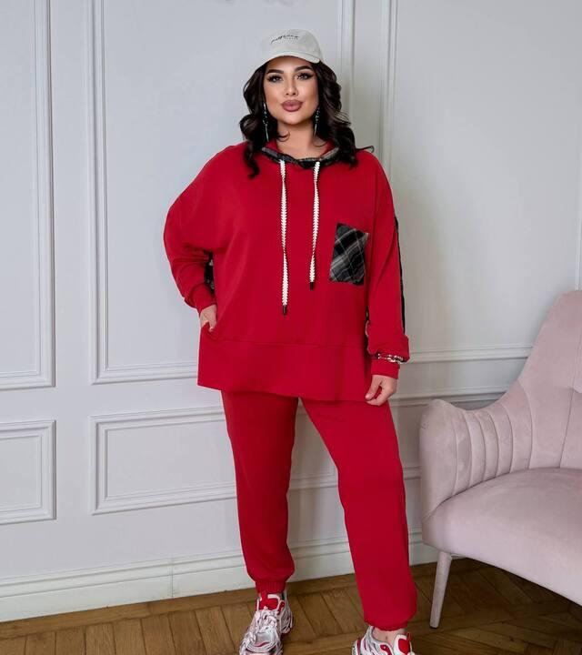 Спортивный костюм женский из двунитки с худи свободного кроя и джогерами с высокой посадкой с клетчатыми вставками демисезонный