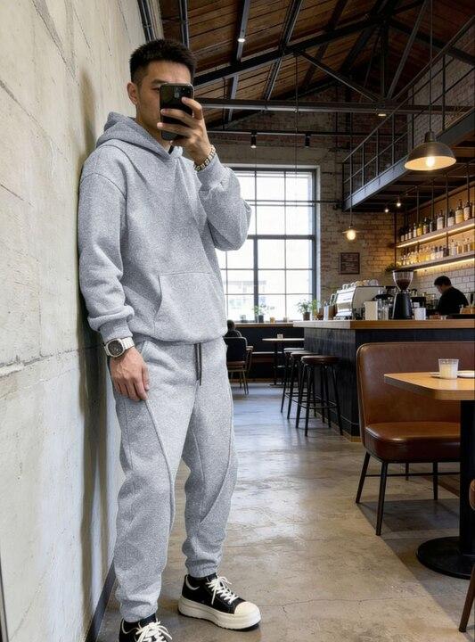Спортивный костюм мужской из двухнитки петля с худи свободного кроя и джоггерами с манжетами демисезонный