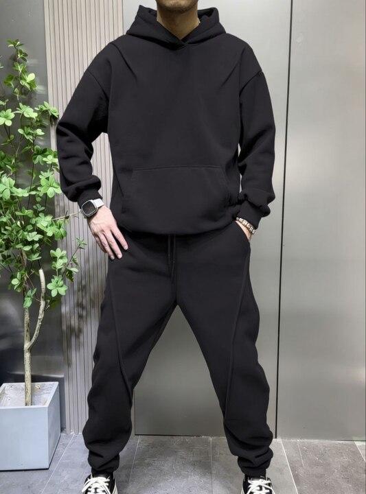 Спортивный костюм мужской из двухнитки петля с худи свободного кроя и джоггерами с манжетами демисезонный