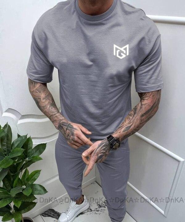 Спортивный костюм мужской из двунитки с футболкой и брюками на резинке со шнурком демисезонный