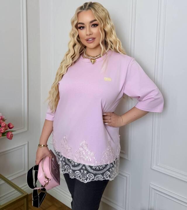 Футболка женская хлопковая удлинённая оверсайз с кружевом весенняя