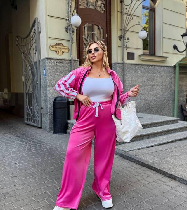 Спортивный костюм-двойка женский велюровый оверсайз: кофта на молнии и брюки палаццо демисезонный