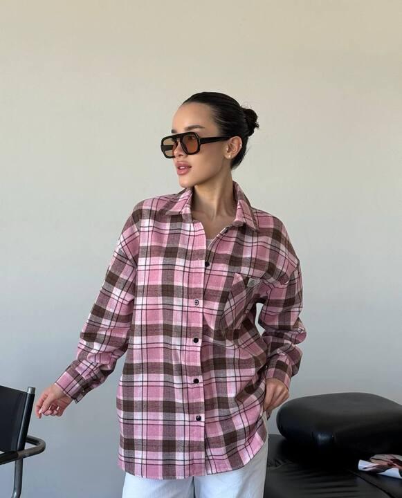 Рубашка женская хлопковая фланелевая в клетку свободного кроя длинная весенняя