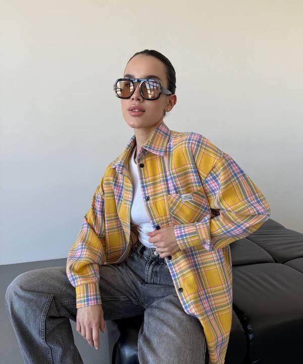 Рубашка женская хлопковая фланелевая в клетку свободного кроя длинная весенняя