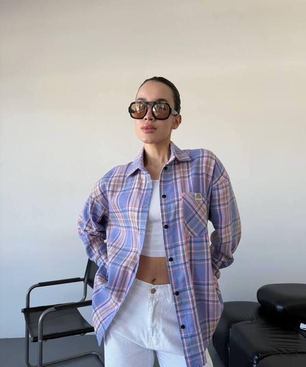 Рубашка женская хлопковая фланелевая в клетку свободного кроя длинная весенняя