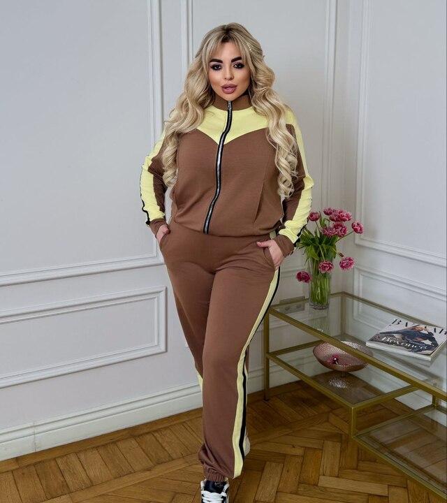 Спортивный костюм-двойка женский из двунитки: кофта на молнии и брюки джоггеры демисезонный