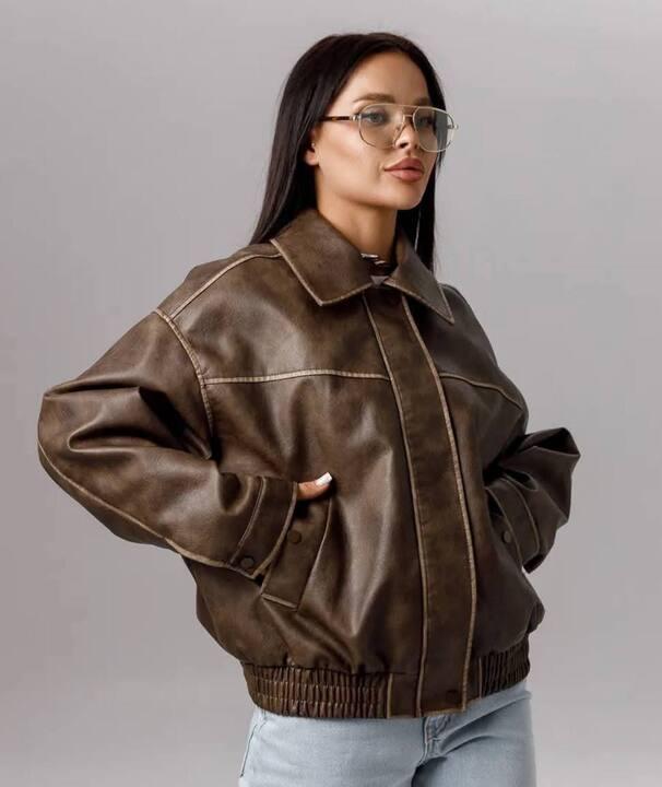 Куртка женская из экокожи оверсайз с карманами средняя весенняя