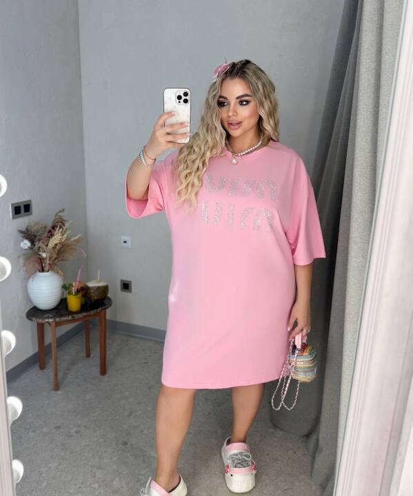 Платье-футболка женское из турецкого кулира со стразами оверсайз повседневное весеннее