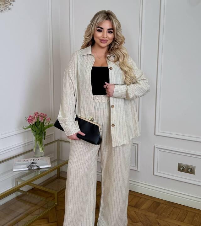 Костюм-двойка женский льняной в полоску оверсайз с рубашкой и широкими брюками