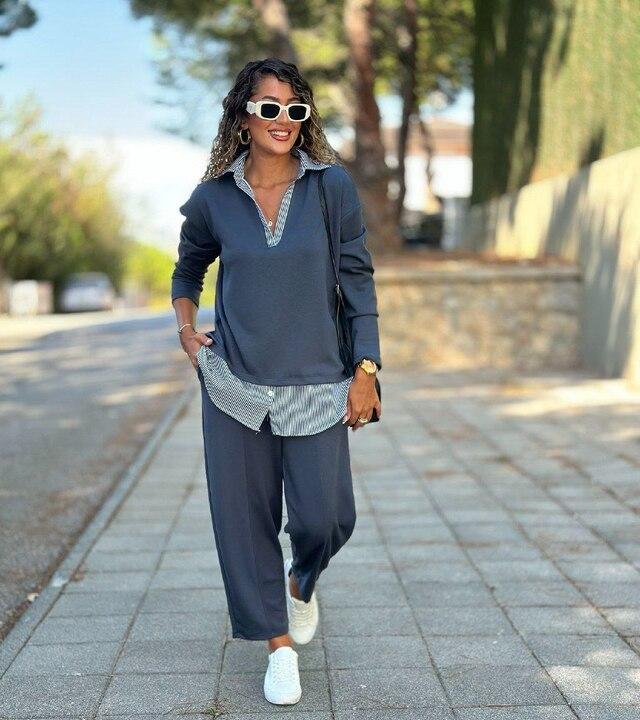 Костюм-двойка женский из двунитки и хлопка оверсайз с удлиненной туникой и брюками повседневный