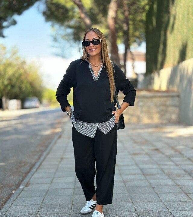 Костюм-двойка женский из двунитки и хлопка оверсайз с удлиненной туникой и брюками весенний