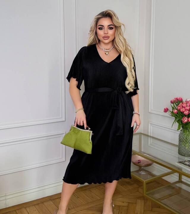 Платье-рубашка женское из плиссе с поясом миди расклешенное весеннее